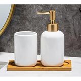 Modern Banyo Seti, 3 Parça, Seramik Sıvı Sabunluk Altın Pompalı, Bardak ve Bambu Tepsi, Beyaz