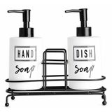 Modern beyaz cam sıvı sabunluk seti 2 li metal standlı el sabunu ve bulaşık deterjanı için ideal çift dispenser şık görünüm kolay kullanım ve dekoratif tasarım