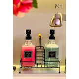 Modern Cam Ikili Sıvı Sabunluk & Deterjanlık SETI-450 ml Cam Sabunluk, Metal Stand'lı, Ahşap Kulplu - Siyah