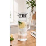 Modern Çizgili Cam Sürahi Paslanmaz Çelik Kapaklı Filtreli Sürahi Su, Limonata, Buzlu Çay ve Meyve Suyu 1400 ML