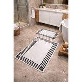 Modern Çizgili Çerçeve Banyo Paspası Kaydırmaz Tabanlı Yumuşak 2’li Set Beyaz