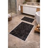 Modern Çizgili Çerçeve Banyo Paspası Kaydırmaz Tabanlı Yumuşak 2’li Set Siyah