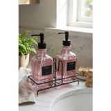 Modern Çizgili Desenli Cam Ikili Sıvı Sabunluk & Deterjanlık Seti, Pembe- 500 Ml Cam Sabunluk