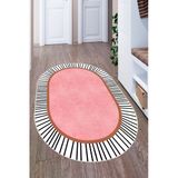 Modern Çizgili Oval Dijital Baskılı Kaymaz Taban Yıkanabilir Halı Salon Oturma Odası Antre Hol Halısı 80 X 150 Cm Pembe