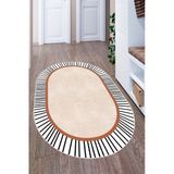 Modern Çizgili Oval Dijital Baskılı Kaymaz Taban Yıkanabilir Halı Salon Oturma Odası Antre Hol Halısı 80 X 200 Cm Bej