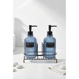 Modern Çizgili Yuvarlak Cam Ikili Sıvı Sabunluk & Deterjanlık Seti, Mavi - 500 Ml Cam Sabunluk
