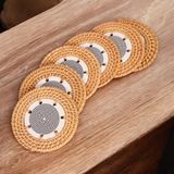 Modern Desenli El Yapımı Seramik ve Doğal Rattan Bardak Altlığı Seti 10CM 6'lı, Minimalist Tasarım Oceanpoint - 10 cm