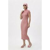 Modern Fit Sıfır Kol Yarım Balıkçı Yaka Triko Elbise - Pembe