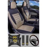 Modern Garaj Opel Astra, Corsa, Vectra Gofrajlı Yastık,kemer Direksyon Oto Koltuk Logolu Kılıfı Seti - Krem Rengi