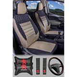 Modern Garaj Peugeot, Bipper, Partner, 106, 107, 206, 207, 208, 306, 307 Uyumlu Ön Arka Tam Set Gofrajlı Oto Koltuk Kılıfı Seti - Krem Rengi