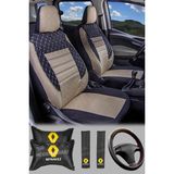 Modern Garaj Renault Clio 1-2-3-4, Symbol, Fluence, Megane 1-2-3 Broadway, Toros, Uyumlu Ön Arka Tam Set Gofrajlı Oto Koltuk Kılıfı Seti - Krem Rengi