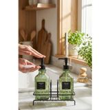 Modern Kabartma Desenli Cam İkili Sıvı Sabunluk & Deterjanlık Seti, Yeşil - 500 Ml Cam Sabunluk