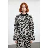 Modern Kadın Oversize Triko Leopar Desenli Bisiklet Yaka Kazak Günlük Tarz Soğuk Havalar İçin -Antrasit-M