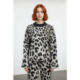 Modern Kadın Oversize Triko Leopar Desenli Bisiklet Yaka Kazak Günlük Tarz Soğuk Havalar İçin