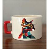 Modern Kedi Temalı Fincan Kupa Bardak - Seramik Çay, Kahve Hediyelik Bardağı - Krem - 1 Adet