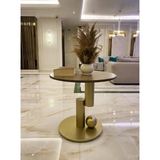 Modern Minimalist Yuvarlak Sehpa, Doğal Ahşap Tabla ve Metal Taban, Altın Rengi, Oturma Odası ve Koridor için