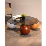 Modern Orta Sehpa & Küre Sehpa & Top Sehpa & Füme Yuvarlak Cam & 1 Beyaz - 1 Ceviz - 1 Meşe Top