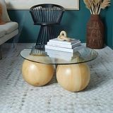 Modern Orta Sehpa & Küre Sehpa & Top Sehpa & Şeffaf Yuvarlak Cam & Meşe Top
