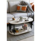 Modern Oval Orta Sehpa Çift Katlı Metal Ayaklı Salon, Ofis, Dekoratif Sehpa, Kahve Sehpası - Beyaz Mermer