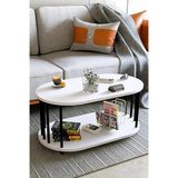 Modern Oval Orta Sehpa Çift Katlı Metal Ayaklı Salon, Ofis, Dekoratif Sehpa, Kahve Sehpası - Beyaz