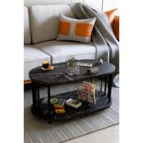 Modern Oval Orta Sehpa Çift Katlı Metal Ayaklı Salon, Ofis, Dekoratif Sehpa, Kahve Sehpası - Siyah Mermer