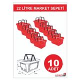 Modern Raf 22 Litre 10 Adet Market Sepeti, Alışveriş Sepeti, Saplı Market Sepeti Kırmızı