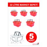 Modern Raf 22 Litre 5 Adet Market Sepeti, Alışveriş Sepeti, Saplı Market Sepeti Kırmızı