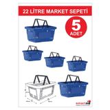 Modern Raf 22 Litre 5 Adet Market Sepeti, Alışveriş Sepeti, Saplı Market Sepeti Mavi