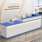Modern Resepsiyon Masası, LED Işıklı Resepsiyon Masası, Sınıflar ve Ofisler için Kilitlenebilir Çekmeceli Ahşap Ön Tezgah Modern Tasarım, (Beyaz+mavi L, 140 cm/55 inç)