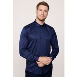 Modern Slim Fit Düz Saten Pamuklu Erkek Lacivert Gömlek