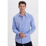 Modern Slim Fit Uzun Kollu Pamuklu Kolay Ütü Armürlü Saks Mavi Erkek Gömlek