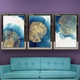 Modern Soyut Altın Ağaç Halkaları Temalı Aynalı Çerçeveli 3 lü Kanvas Tablo Seti 150x70 cm SETS0232
