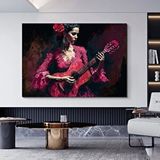 Modern tablo Geleneksel Kırmızı Flamenko Kostümüyle Gitar Çalan Huzurlu İspanyol Kadın Müzisyenin Kanvas Duvar Sa