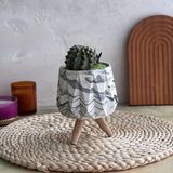 Modern Tasarım, El Yapımı Ahşap Ayaklı Antrasit Desenli Beyaz Beton Saksı - Minimalist Dekoratif Saksı, Kaktüs Ve Sukulent Saksısı