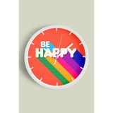 Modern Yazılı Tasarım - Be Happy Duvar Saati - 35cm - Önü Camlı Beyaz Kasa - Sessiz Mekanizma, JH0196S35BKP