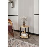 Modern Yuvarlak 2 Katlı Tamamen Ahşap Yan Sehpa Dekoratif Kitap ve Aksesuar Raflı Salon Oturma Odası Şık Kullanışlı Tasarım (Meşe, Round)