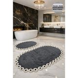Modernsoft Noctra Antrasit Oval Fransız Dantelli Deri ve Kaymaz Tabanlı Şık Banyo Paspası Modern Yumuşak