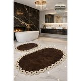 Modernsoft Noctra Kahve Oval Fransız Dantelli Deri ve Kaymaz Tabanlı Şık Banyo Paspası Modern Yumuşak