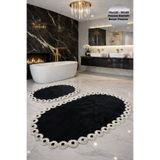Modernsoft Noctra Siyah Oval Fransız Dantelli Deri ve Kaymaz Tabanlı Şık Banyo Paspası Modern Yumuşak