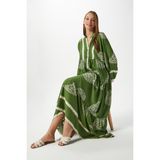 Modest Helena Yeşil Krem Kadın %100 Viskon Maksi Boy Katlı Balon Kol Uzun Yazlık Elbise - Koyu Yağ Yeşili - Krem