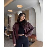 Modestia Kadın Bordo Fermuarlı Crop Deri Bomber Mont