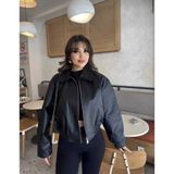 Modestia Kadın Siyah Fermuarlı Crop Deri Bomber Mont