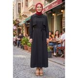 Modestim Kadın Gömlek Yaka Düğmeli Önü Aller Detaylı Kol Manşetli Yazlık Siyah Tesettür Uzun Elbise - S - M