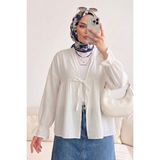 Modestim Kadın Roba Büzgülü Kol Lastik Ince Çilek Kumaş Yazlık Trend Tesettür Ekru Kimono Hırka Tunik - Standart