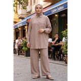 Modestim Kadın Vizon Ikili Tesettür Takım Oversize Gömlek Pantolon Rahat Kalıp Yazlık Şık Günlük Tesettür Kombin - L - XL