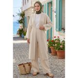 Modestim Tesettür Kadın Bej Belden bağlamalı Yazlık Şık Trend Uzun Kimono Hırka Pantolonlu Tesettür Takım
