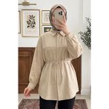 Modestim Tesettür Kadın Bej Çilek Kumaş Trend Tesettür Tunik Düğmeli 78 CM Oversize Dökümlü Rahat Gömlek Tunik