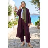 Modestim Tesettür Kadın Bordo Belden bağlamalı Yazlık Şık Trend Uzun Kimono Hırka Pantolonlu Tesettür Takım