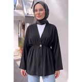 Modestim Tesettür Kadın Düğme Detaylı Beli Lastikli Çilek Kumaş Yazlık İnce Siyah Tesettür Hırka Kap