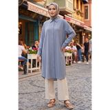 Modestim Tesettür Kadın Gömlek Yaka Arka A Pile Çilek Kumaş Yazlık Efil Efil Trend 110 CM Gri Tesettür Uzun Tunik